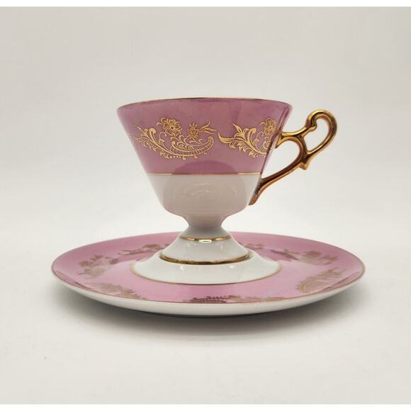 Royal Halsey Vintage Lusterware Pedestal Rose Tea Cup And Saucer Pink Gold‎ - Picture 1 of 9